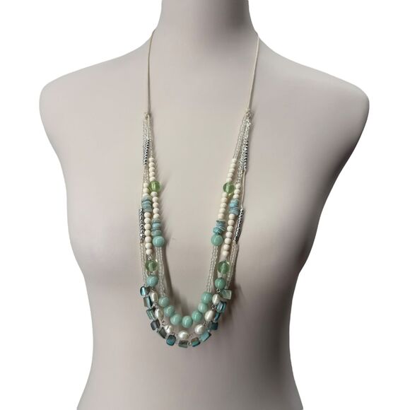 J. Jill Multi-Strand Necklace Aqua Ivory Layered Beaded Glass Pearl Ocean Sea - Picture 11 of 13
